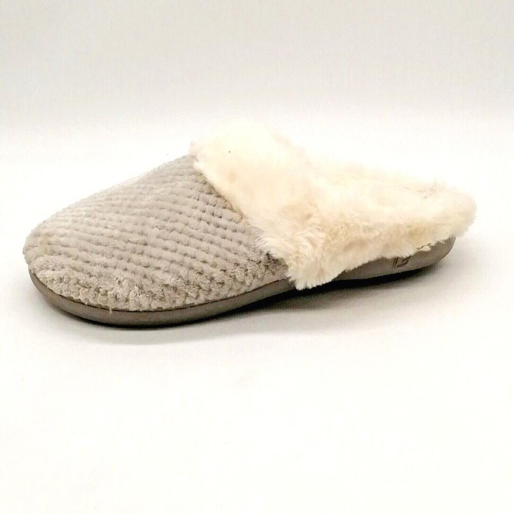 Temi Womens Slide Slipper Gray Chenille Faux Fur Lining Trim Flat‎ Heel M 7-8